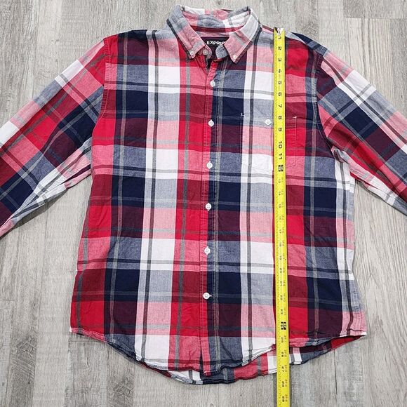 EXPRESS Men's Large Long Sleeve Button Down Red/White/Blue Plaid Pocket Shirt - Picture 3 of 7